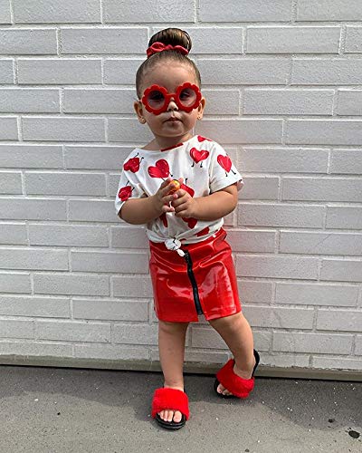 6M-5Y Valentine's Day Outfit Baby Girl Love Heart T-Shirt Top+Zipper Leather Skirt Mini Dress Clothes Set (Red, 6-12 Months)