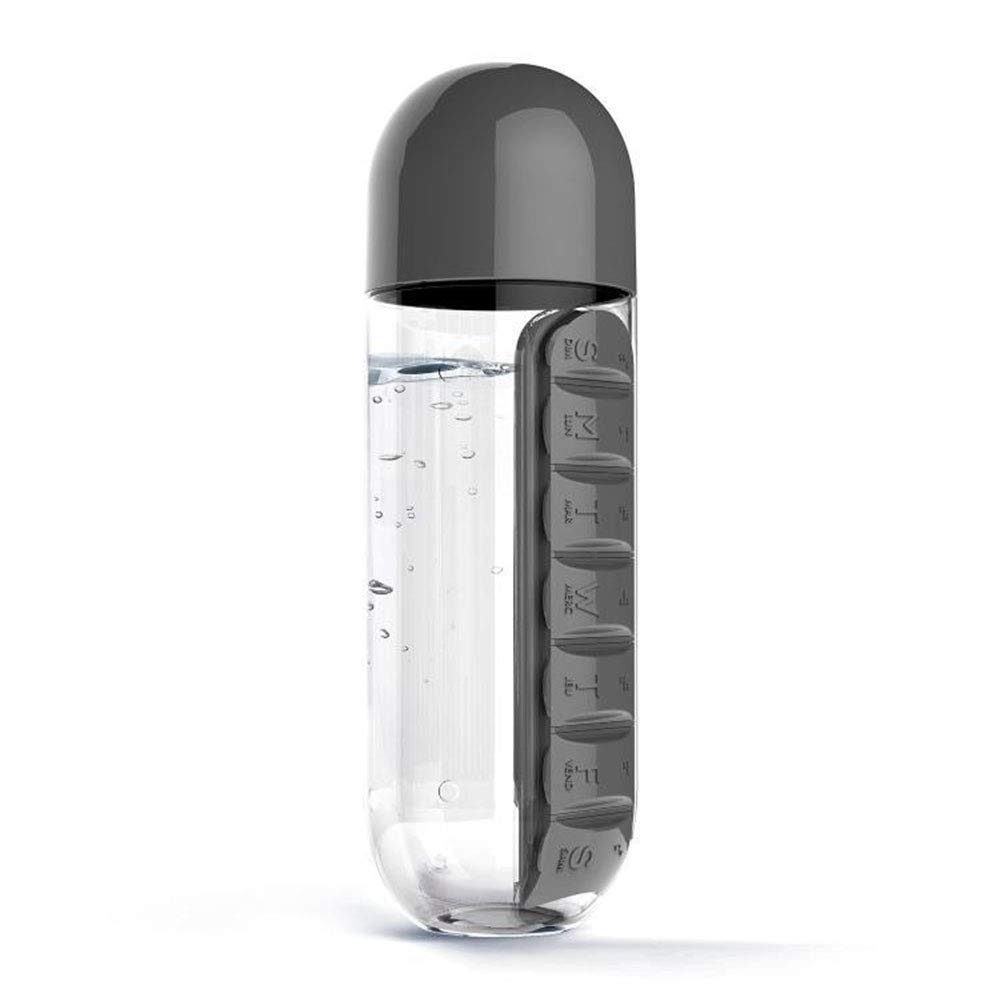 Kooshy Pill bottle, 2 in 1 portable water bottle with pill box weekly dispenser, pill dispenser and 600 ml drinking bottle