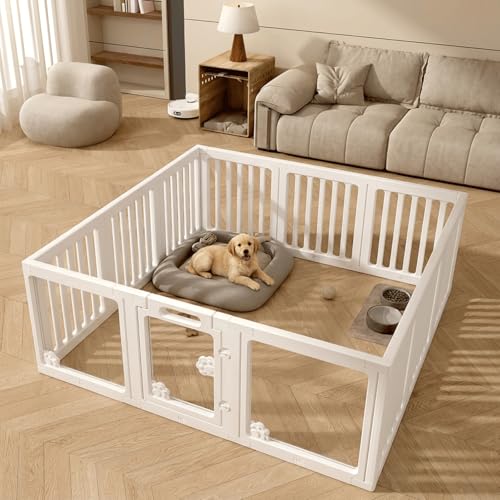 KAPEICamper Dog Playpen, Clear Acrylic Pet Puppy Enclosure Cat Rabbit Play Pen, Easy Assemble Foldable Crate Whelping Box for Medium Dogs with Gate (White, L, 12 Panels)