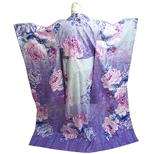 Japanese Geisha Traditional Women Blue Floral Furisode Kimono Cosplay Costume - Thumbnail 2