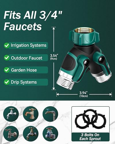 Garden Tap Splitter, 3/4" Dual Y Distributor 2 Way with Independent Switch and Adjustable and Lockable Automatic Irrigation Adapter, for Washing Machine, Gardens