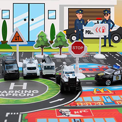 Car Toys Set with Transport Cargo Airplane and Large Play Mat, Mini Educational Vehicle Police Car Set for Kids Toddlers Boys Child Gift for 3 4 5 6 Years Old, 6 Cars, Large Plane, 11 Road Signs