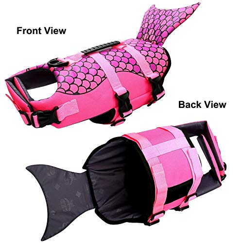 Queenmore Ripstop Medium Dog Life Jacket Fish Style Floatation Vest with Adjustable Soft Rubber Handle Pink Fish,M