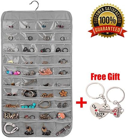 XeaGiasy Hanging Jewelry Organizer For Women, Accessories Organizer Closet Wall Jewelry Holder With 80 Pockets, 2 Sides (Grey)