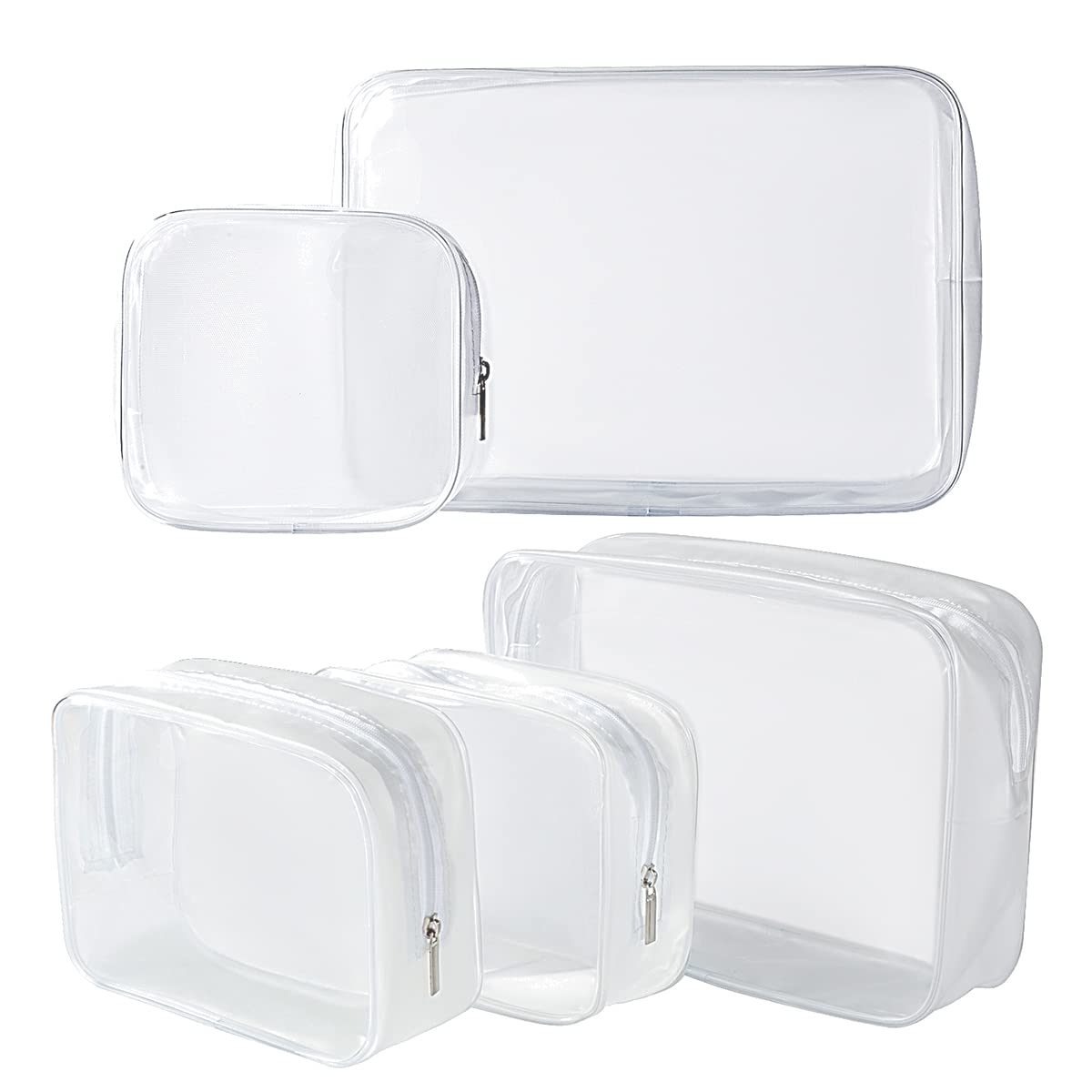 Photo 1 of 5 Pack Clear Plastic Zippered Toiletry Carry Pouch TSA Approved Toiletry Bag Portable Cosmetic Makeup Bag for Vacation, Bathroom and Organizing (White, Mixed Size)