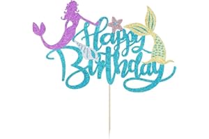 Sleyberoy Glitter Mermaid Happy Birthday Cake Topper - Mermaid Under The Sea Theme Cake Topper, Baby Shower Gender Reveal Party, Birthday Party Supplies (1)