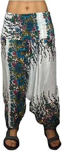 Womens Girls Smocked Waist White Floral Print Alladin Boho Hippie Yoga Pants