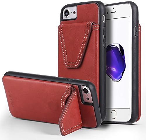 iPhone 7 , 6S , 6 Case With Credit Card Holder PU leather Wallets Classic Red Design By HICIECOO Impact Kickstand Shockproof Protective Cover ( Red 4.7" )