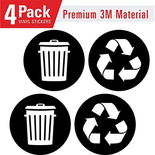 Recycle and Trash Logo Stickers (4 Pack) 4in x 4in - Organize Trash - for Metal or Plastic Garbage cans, containers and Bins - Indoor & Outdoor - Home, Kitchen, Office - Premium Decal (Small, Black)