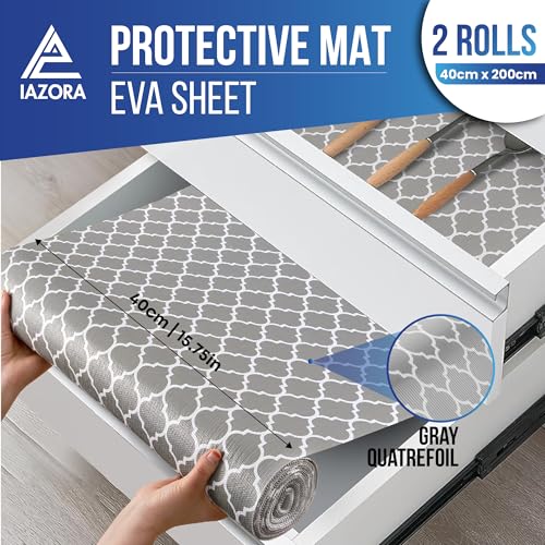 IAZORA Shelf Liner for Kitchen Large 2 Rolls (40 x 200cm) Non-Adhesive Drawer Liner, Non-Slip Food Grade EVA Cabinet Liner for shelves, Stain-Proof contact paper for Refrigerator and Drawers