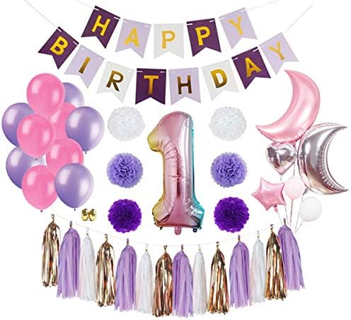 Free Yoka 1st Birthday Party Decorations Kit Supplies with Banner, Balloons, Paper Pom Poms Flower, Paper Tassel Garland DIY Pink Purple Lavender Girls