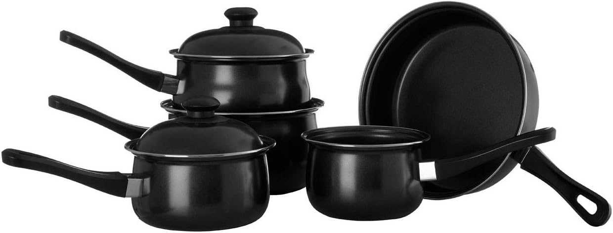 5 PC PIECES BLACK CARBON STEEL BAKELITE HANDLE KITCHEN COOKWARE NON STICK SAUCEPAN FRYING PAN MILK PANS SET WITH LID