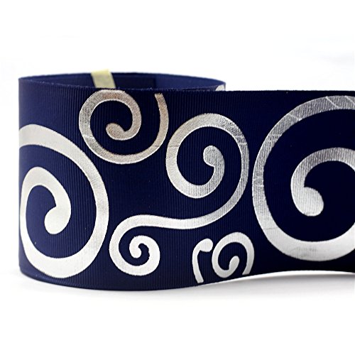 mdribbons Swirl Print Silver Foil Ribbon- 3 Inches (75mm) Wide 10 Yards Pack- Hair Bows & Crafts- DIY Crafting (Box,Flower,Party,Large Bow For Cheer Bows) Decoration Grosgrain Ribbon- Navy Color