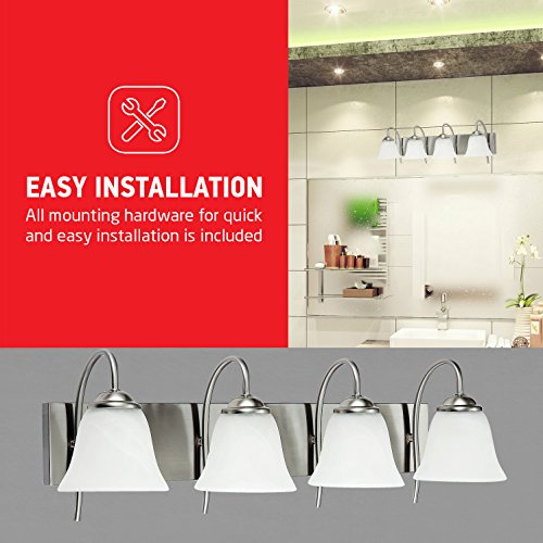 OSTWIN 4-Light Bath Bar Light Up or Down, Interior Bathroom Vanity Wall Lighting Fixture VF41, 4x60 Watt E26 Socket, Satin Nickel Finish with Alabaster Bell Glass Shade UL Listed - Thumbnail 7