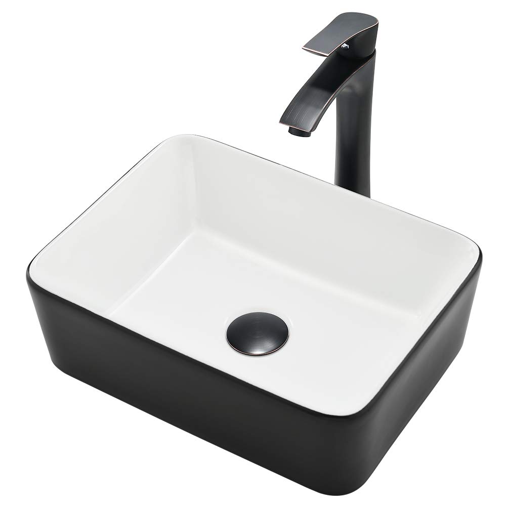 Rectangle Bathroom Sink and Faucet Combo-VASOYO 16x12 Above Counter Vessel Sink Black&White Porcelain Ceramic Bathroom Vanity Sinks with Faucet And Pop-up Drain Combo Image