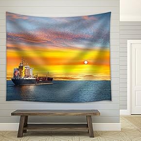 Tanker Ship on Calm Sea in The Morning. - Fabric Wall Tapestry Home Decor - 51x60 inches
