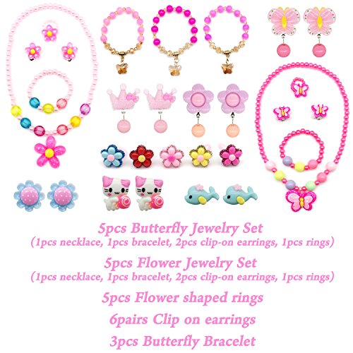 Elesa Miracle Little Girl Kids Wood Jewelry Box and 75 Pieces Girl Princess Jewelry Dress Up Accessories Toy Playset Set