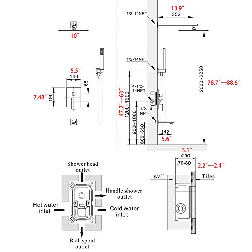 Esnbia Shower System, Shower Faucet Set with Tub Spout and 10" Rain Shower Head Wall Mounted Shower Set All Metal(Contain Shower Faucet Rough-In Valve)