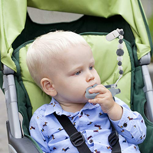 Slotic Baby Teething Toys, Elephant Teether Pain Relief Toy with Pacifier Clip Holder Set for Newborn Babies, Freezer Safe Neutral Shower Gift, Soft & Textured Stocking Stuffers for Boy and Girl Grey
