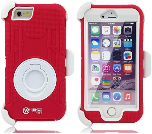 Wisecase Shock&drop-proof Amy-grade Protective Hard Defender with 360 Degree Rotating Ring Bracket Protective Case and Tpu Rubber & Silicone Case with Stand & Clip Three Layer Hard Shell Cover Holster for Apple Iphone 6 4.7" (Red+White)
