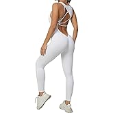 Qszmjo One-piece V Neck Workout Athletic Jumpsuit Women's Tummy Control Backless Yoga Bodysuit Butt Lift Cutout Sport Rompers