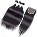 10A Peruvian Virgin Straight Hair 3 Bundles with Free Part Closure (20 22 24+16) 100% Unprocessed Peruvian Straight Human Hair Weft with Lace Closure Natural Hair Extensions Peruvian Straight Hair