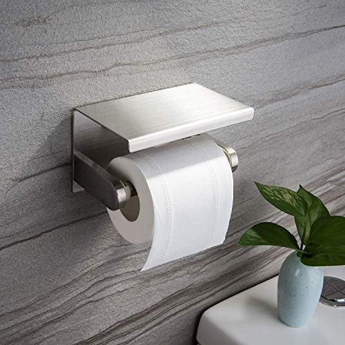 YIGII Toilet Paper Holder with Shelf - Stainless Steel Toilet Roll Holder Self Adhesive or Wall Mounted for Bathroom - Thumbnail 3