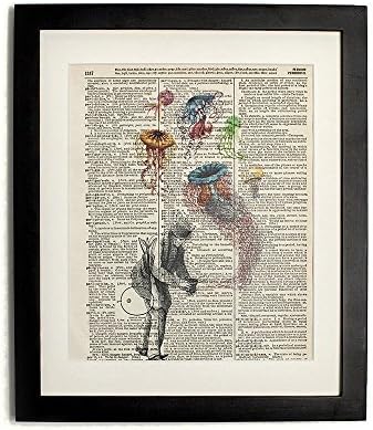 FRAMED gent &amp; Jellyfish Upcycled Handmade Vintage Dictionary Art Print 8x10 Inch Print With10X12 Inch Matted Frame Included