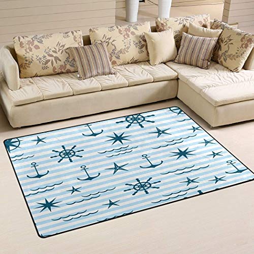 Nautical Wheel Anchor Area Rug Sea Water Wave Non Slip Runner Rug for Hallway Bedroom Kitchen Stairs Living Room Outdoor Floor Rugs 2x3 3x5 4x6 5x8 Area Rug Play Area Rug