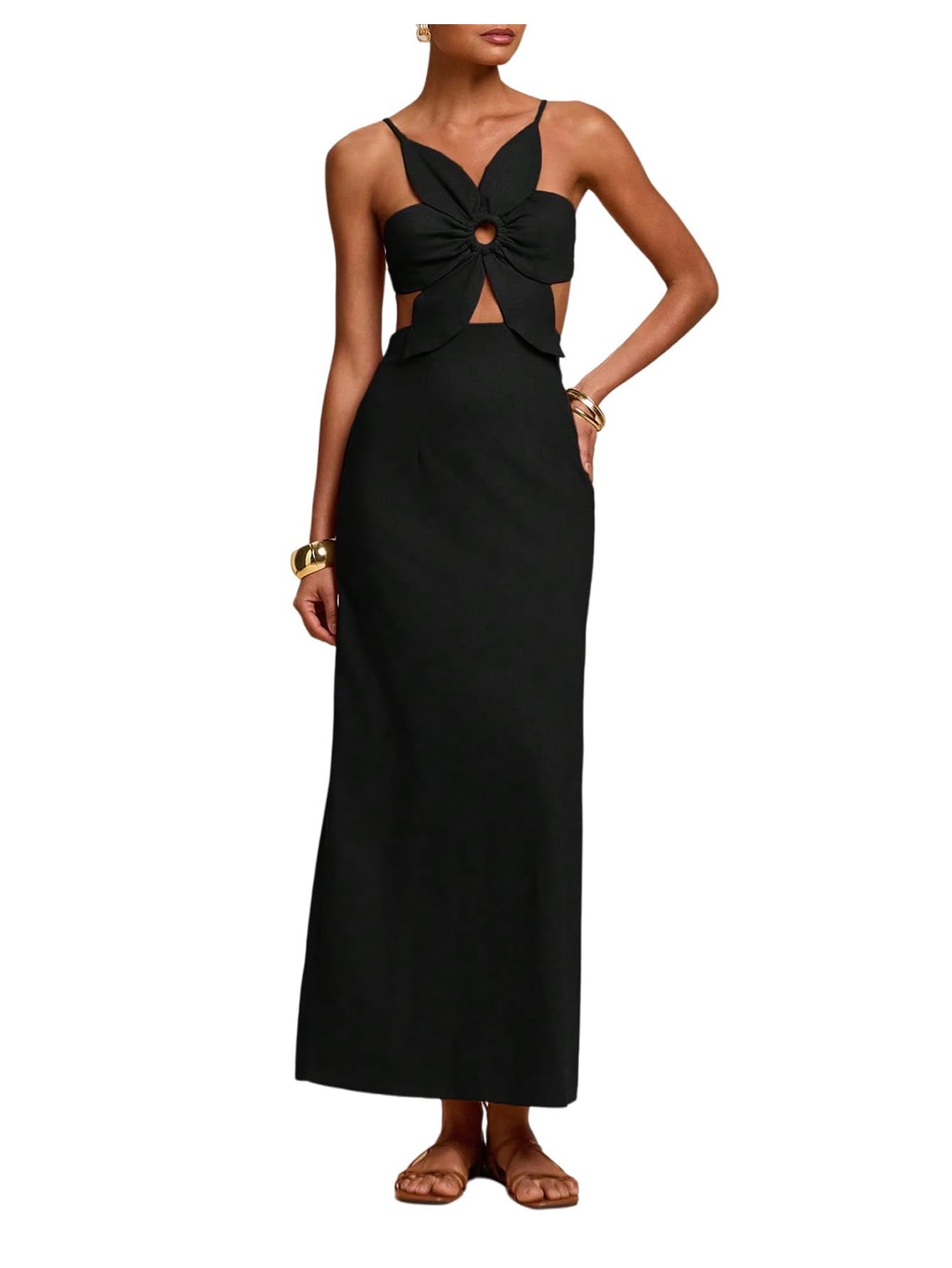 Photo 1 of SHENHE Women's Petal Backless Linen Maxi Dress Cut Out Vacation Zipper Long Dresses Black X-Large