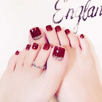 Fairvir Glittter Strass Faux Ongles Rouge Court Couverture Complète Faux Ongles Pour Orteils Acrylique 24 Pcs Pieds Ongles Art Conseils Pour Les