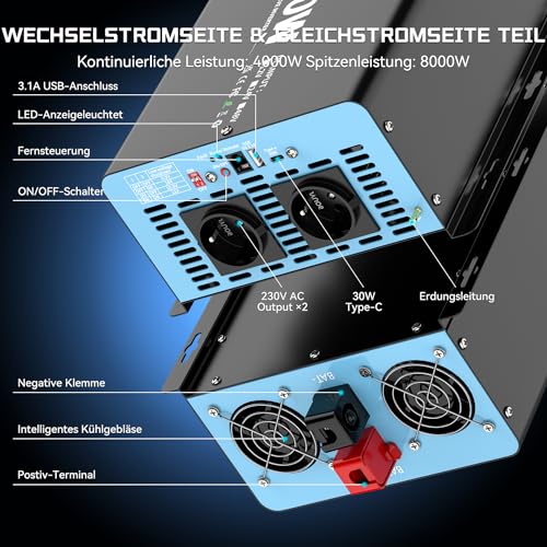 OLTEANP 4000W Pure Sine Wave Inverter 12V to 230V Car Voltage Converter with LCD Screen Remote Control, 2 AC Sockets, USB and Type-C Port Solar Power Inverter for Caravans, Boats