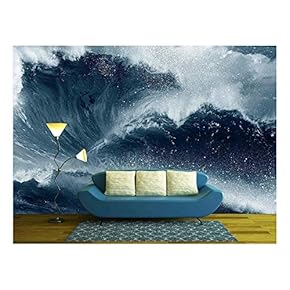 Huge Tidal Wave Crashing onto The Beach with Man - Removable Wall Mural | Self-Adhesive Large Wallpaper - 66x96 inches