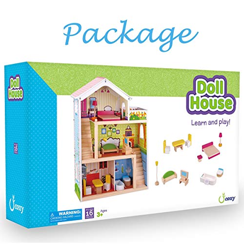 cossy Wooden Doll House with 12 Pieces of Furniture, 3 Levels House with 4 Rooms and Accessories - Thumbnail 6