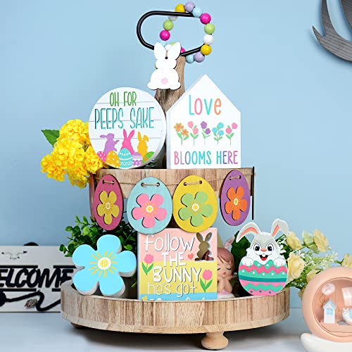 DSYSMIN 12 PCS Tiered Tray Decor Set Easter,Easter Decorations Incl.Wooden Bunny, Egg, Wood Bead with Tassel, Easter Egg Decoration Rustic for Easter Tiered Tray Items(Tray NOT Included)