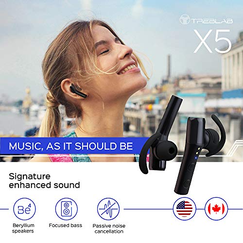 TREBLAB X5 - Advanced Sports Bluetooth Earbuds, Signature HD Sound w/Beryllium Speakers, 30H Battery, Waterproof IPX4, Noise Cancelling, Hands-Free Microphone, True x-Drop Running Wireless Headphones