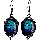 Gothic Bat Cameo Earrings, Vintage Crystal Glass Bat Dangle Earrings, Punk Style Dark Oval Goth Victorian Festival Jewelry for Women