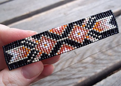 Abstract Orange and Silver Tribal Geometric Arrows Handmade Loom Beaded Large Barrette with Authentic French Clip