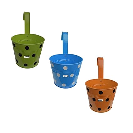 Kraftsplanet Garden decore Set of Three Polka Design Metal Railing planters with Detachable Hooks.