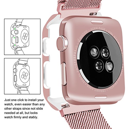 LikeItY Apple Watch Band Milanese Loop,Likeity Stainless Steel Magnetic Band With Metal Case For Apple Watch Series 1/2 - Shockproof Protective Bumper Replacement Strap(38mm Rose Gold)