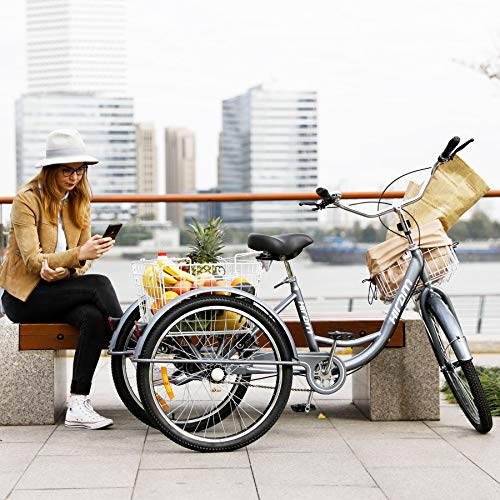 HIRAM 3-Wheeled Adult Tricycle with Removable Basket, 24" Wheels Trike for Men and Women, Single Speed Cruise Bike, Exercise Bike for Recreation and Shopping, Water-Proof Bag and Bicycle Bell
