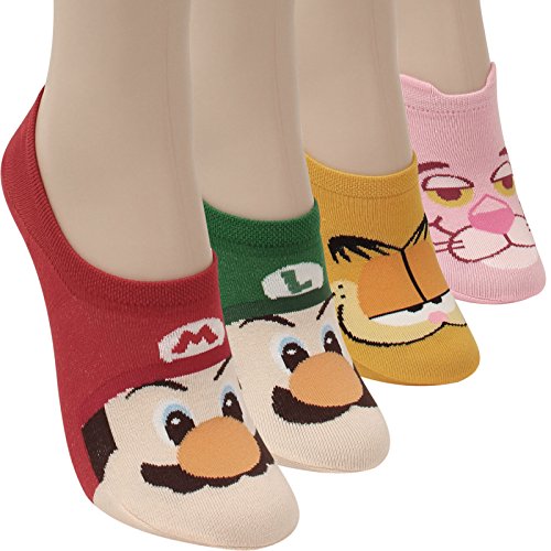 WOWFOOT Women Animation Design No-Show Casual Liner Socks Colorful Animal Character Non Slip Flat Boat For Girl (4 pair - Ani-Character 2)