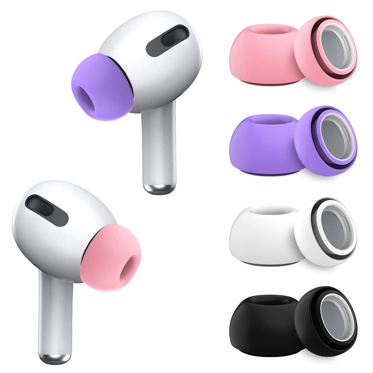 Photo 1 of (4-Pairs) EarTips for Airpods Pro & Pro 2nd Gen Ear Tips (4-Pairs) - Silicone, Anti-Slip - Fit in Charging Case (Black/White/Pink/Purple)