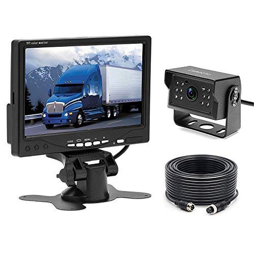 Camecho 12V - 24V Car Backup Camera + 7" TFT LCD Monitor + 15M Cable Wired Parking System Kit for Bus/Trailer/Truck Van/RV/Campers, Waterproof Night Vision Rear View Camera