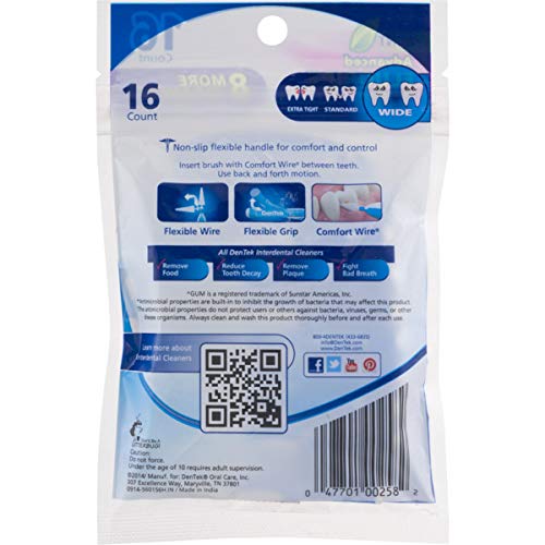 DenTek Easy Brush Interdental Cleaners, Brushes Between Teeth, Wide, Mint Flavor, 16 Count, Pack