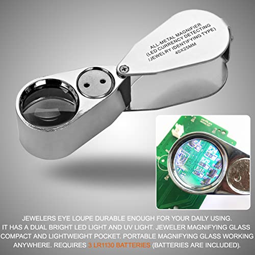 KINGMAS 40X Jewelers Loupe, LED Light Illuminated Folding Magnifying Jewelry Eye Magnifier (LED Currency Detecting/Jewlers Identifying Type Lupe)