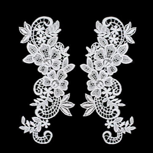 12 Colors Pair of Floral Venice Lace Applique Embroidered Bridal Guipure Patch Motif (2 Pieces) (White)