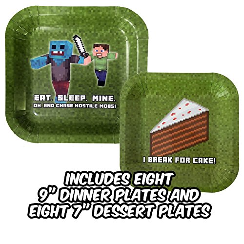 Birthday Party Plate Sets for Mining Themed Parties (Service for 8) - New Thicker Plates! - Tableware - Pixel Style Miner Plates - Includes Eight (8) 9