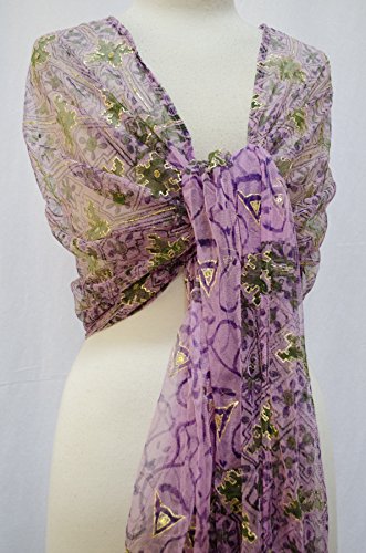 Sheer Block Print Embroidered Tulle Net Scarf Shawl Wrap Stole Fringe Pink
