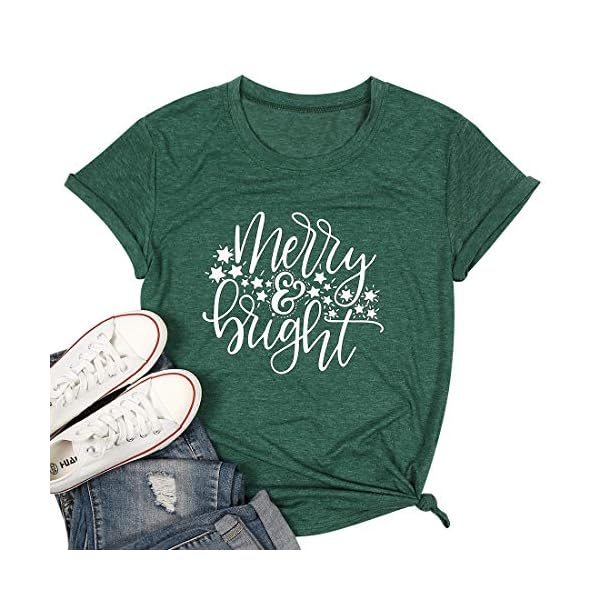 Merry and Bright Stars Christmas T-Shirt Women Letter Printed Casual Short Sleeve Tee Tops - Image 3